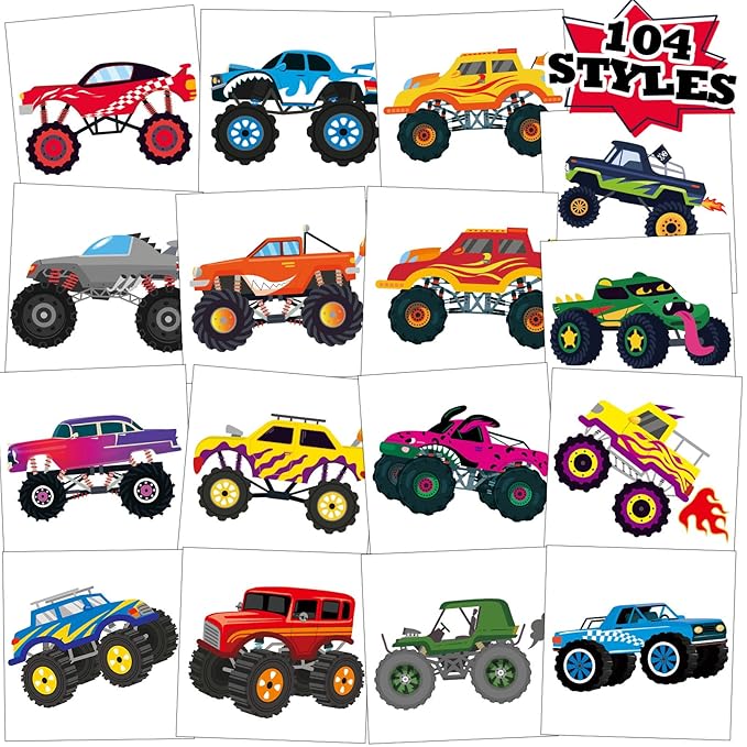 104 PCS Monster Truck Temporary Tattoos for Kids Party Supplies, Individually Wrapped Monster Truck Fake Tattoos Temp Tattoo Stickers for Boys Girls Birthday Party Favors Decorations Activities