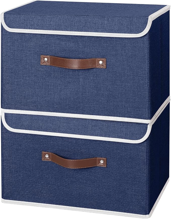 ANMINY Fabric Storage Box Bins with Lids, Blue, 15"x10"x10", 2 Pack | Keepsake Memory Storage, Cotton Linen, PP Board Reinforced, Washable, PU Handles, Foldable & Stackable, Decorative, Large