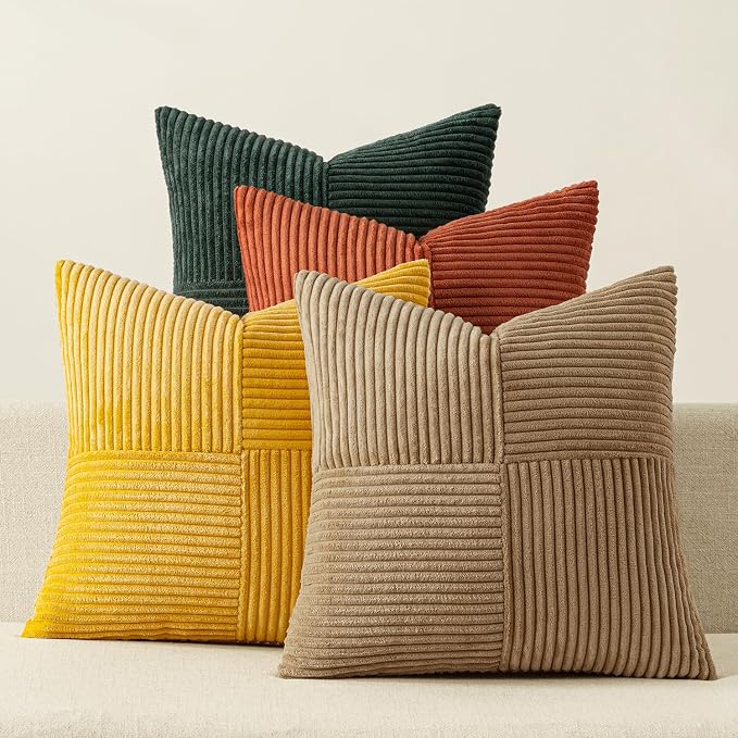 MIULEE Fall Green Rust Throw Pillow Covers 18x18 Inch Set of 4 Boho Farmhouse Soft Corduroy Striped Cushion Cases Decorative Color-Clash Home Decor for Couch Sofa Living Room Bed