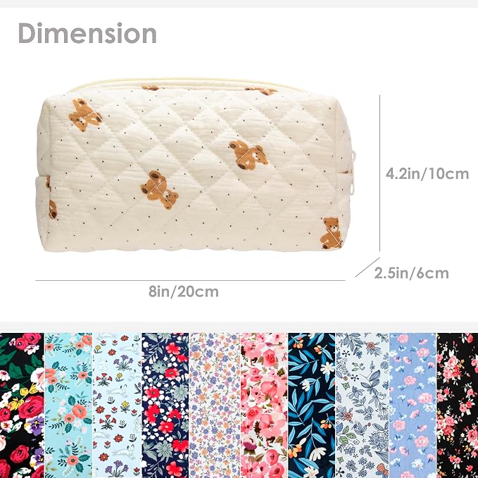 PAZIMIIK Small Quilted Makeup Bag,Zipper Cosmetic Pouch,Gauze Bear,6 Pack | Lightweight Cosmetic Bag Organizer for Women,Purse Storage Holds Makeup,Toiletries,Skincare,Beauty Essentials,Travel Items
