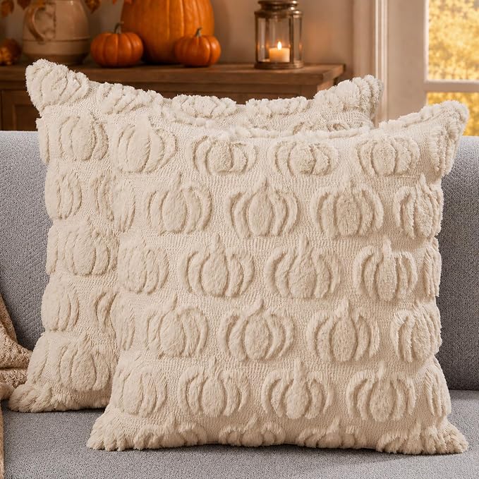 DFXSZ Fall Pillow Covers 18x18 2Pcs Beige Pumpkin Fall Decorations for Home | Fall decor Set of 2 Throw Pillow Cases Soft Plush Faux Fur Wool Couch Cushion for Chair Sofa Bedroom Living Room Home Decor