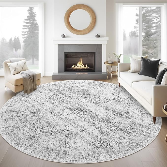Soalmost 6x6 Grey Round Rug 6ft Circle Living Room Area Rugs Non-Slip | Washable Vintage Indoor Carpet for Dining Bedroom, Low Pile Stain Resistant Foldable Floor Mat Entryway Home Office Decor
