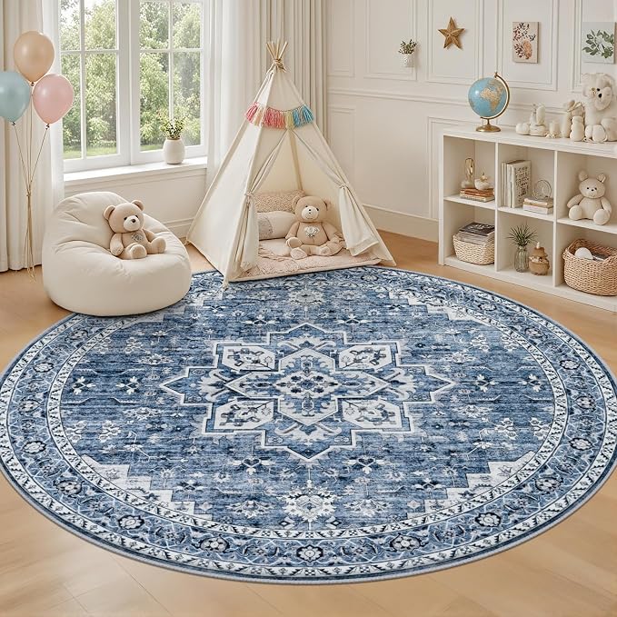 Round Area Rug for Living Room: 8 ft Washable Vintage Boho Soft Thin Circle Rug Indoor Floor No Slip Stain Resistant Carpet for Bedroom Dining Room Farmhouse Nursery Home Office - Blue