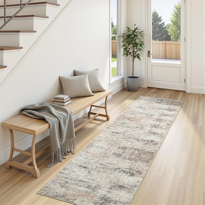 2X6 Area Rug for Hallways, Gold Abstract Washable Non-Slip Runner Rugs | Low Pile Runner Rugs, Soft Carpet for Kitchen Bathroom Bedroom Laundry, Stain Resistant Foldable Non-Shedding Distressed Rug