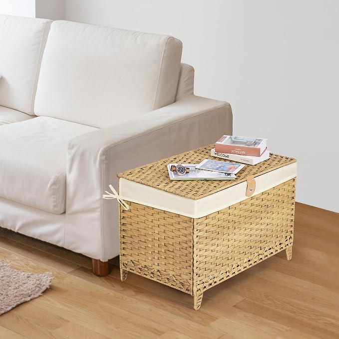 Wicker Storage Basket with Lid, 160L Shelf Basket with Removable Liner Bag | Rattan-Inspired Woven Design, Elevated Feet, Storage Trunk for Wardrobe, Bedroom & Home Organization