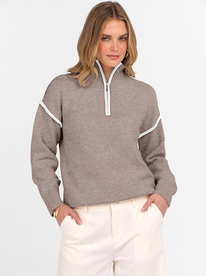 ANRABESS Womens Quarter Zip Sweaters Fall Long Sleeve V Neck Shirts Collared Business Casual Tops Knit Pullover Sweatshirts