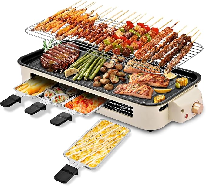 Pukomc Electric Indoor Grill,2 in 1 Indoor Grills for Kitchen | Grill Net & Non-Stick Cooking Removable Plate, Temperature Control, Dishwasher Safe, 1800W Large Smokeless
