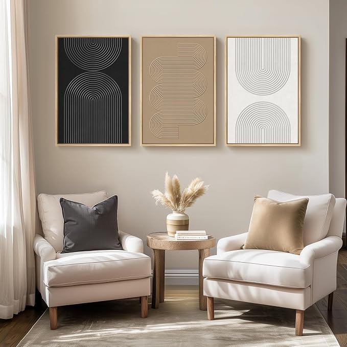 3D Textured Framed Neutral Abstract Geometric Wall Art Set of 3, 16 x 24 In | Solid wood frame, sculptural linework, black, beige and white palette, modern minimalist boho decor for living room bedroom