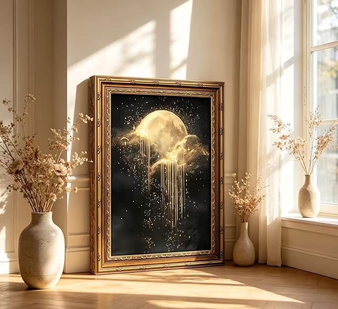 Vintage Gold Framed Golden Moon Celestial Wall Art,Moody Celestial Painting Canvas Print,Glittering Golden Rain & Sparkling Stars Wall Decor,Gothic Night Sky Stars Artwork,for Bedroom Living Room Bathroom
