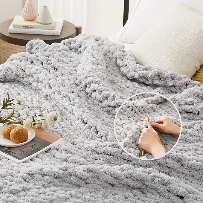 L'AGRATY Chunky Knit Throw Blanket for Couch, 72'' x 84'' Knit Throw, Grey | Handmade Chenille Crochet Blanket for Sofa Bed, Thick Cable Knitted Blankets for Room Home Decor, Birthday Gift for Women Mom