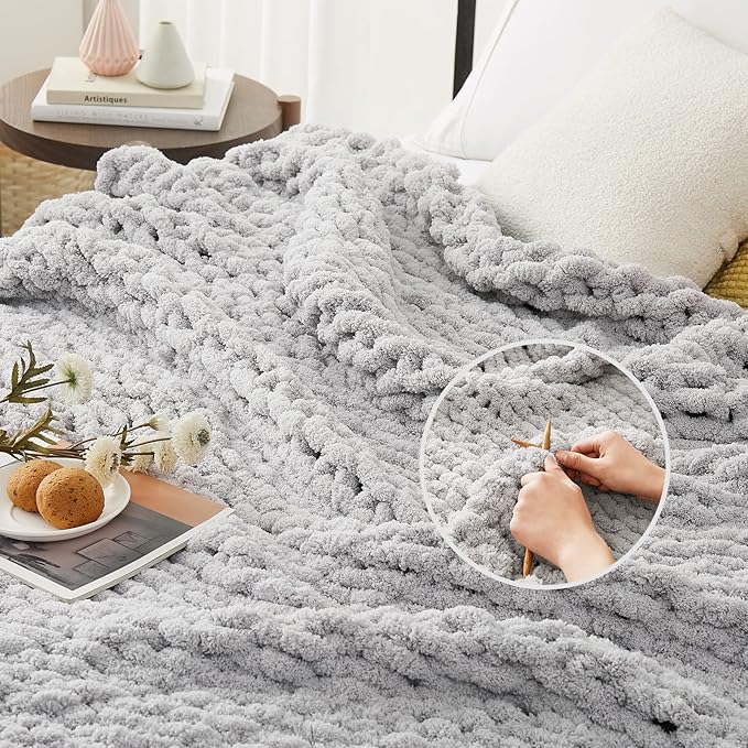 L'AGRATY Chunky Knit Throw Blanket for Couch, 80'' x 90'' Knit Throw, Grey | Handmade Chenille Crochet Blanket for Sofa Bed, Thick Cable Knitted Blankets for Room Home Decor, Birthday Gift for Women Mom
