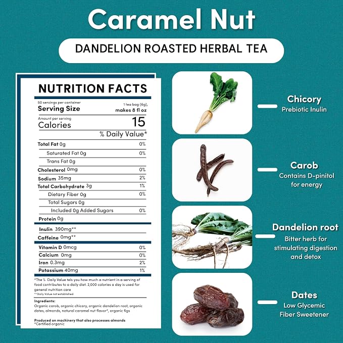 Teeccino Dandelion Caramel Nut Tea - Caffeine Free, Roasted Herbal Tea with Prebiotics, 3x More Herbs than Regular Tea Bags, Gluten Free - 50 Tagless Eco-Friendly Tea Bags