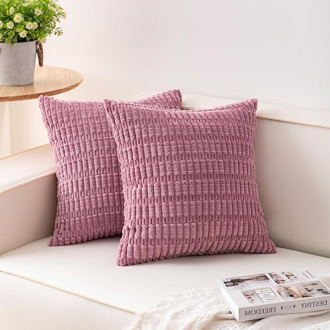 Aegero Pack of 2 Corduroy Decorative Throw Pillow Covers 22x22 Inch, Pink | Fall Soft Striped Pillow Covers Modern Farmhouse Home Decor Christmas Throw Pillow Covers for Sofa Living Room Couch Bed