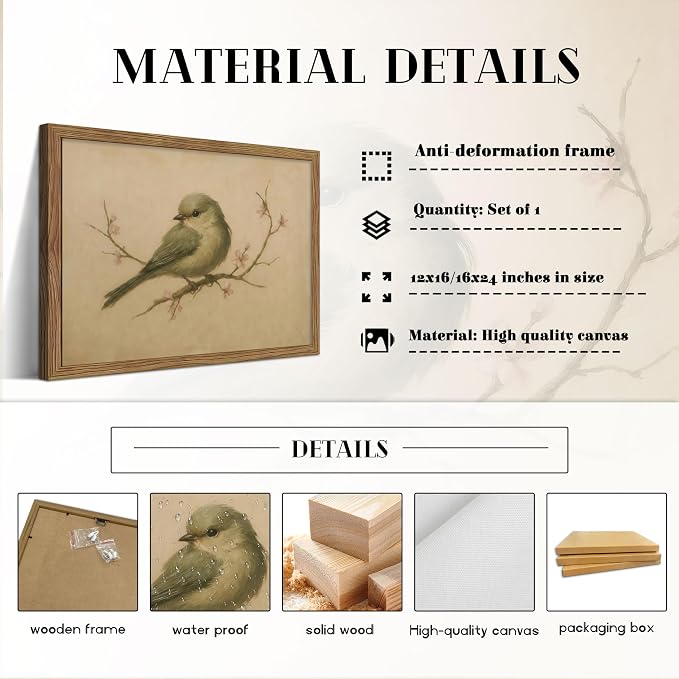 Vintage Bird Wall Art, Cherry Blossom Spring Pictures Canvas Wall Decor, Rustic Farmhouse Bird Animal Artwork Print Poster for Living Room Bedroom Bathroom 16x24 Inch Framed