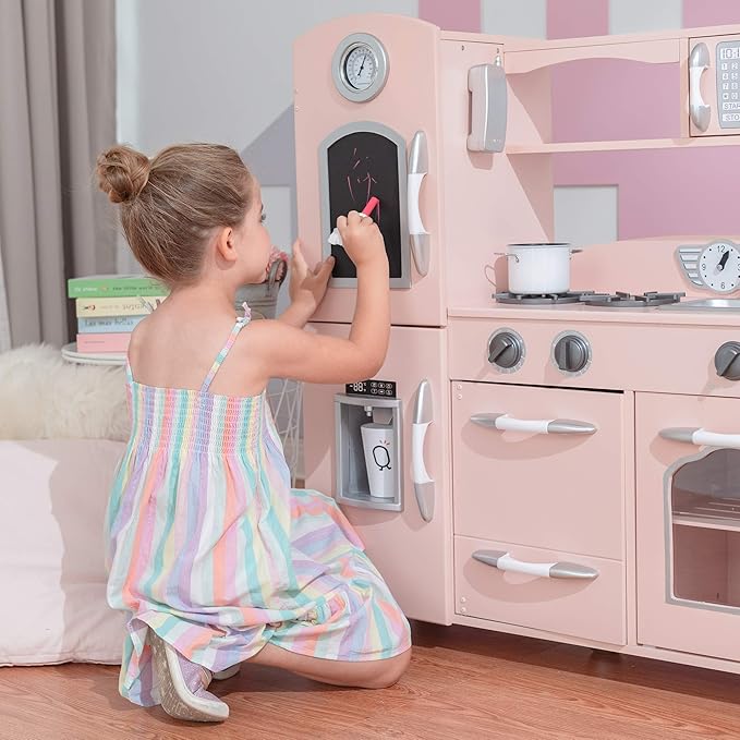 Teamson Kids Little Chef Wooden Westchester Retro Kids Play Kitchen Playset, for Toddlers Child Children Boy Girl, Pink