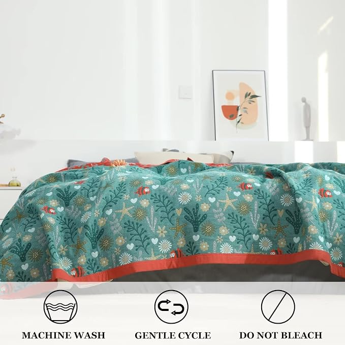 LUTBM Boho Throw Blanket for Bed, 100% Cotton Soft Cozy Breathable Quilt | Underwater Ocean Life Jacquard Farmhouse Decor, 80"x90" All Season Bed Blankets, For Sofa Couch Chair Bedroom Living Room