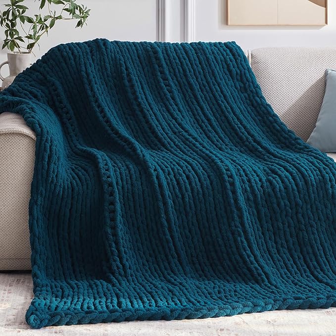 Negwoo Chunky Knit Throw Blanket, Knitted Throw Chenille Yarn, 50"*60" | Soft Thick Cable Knitted Blankets, Handmade Big Thick Blanket,Machine Washable Cute Comfy Blanket for Home Decor,Peacock blue