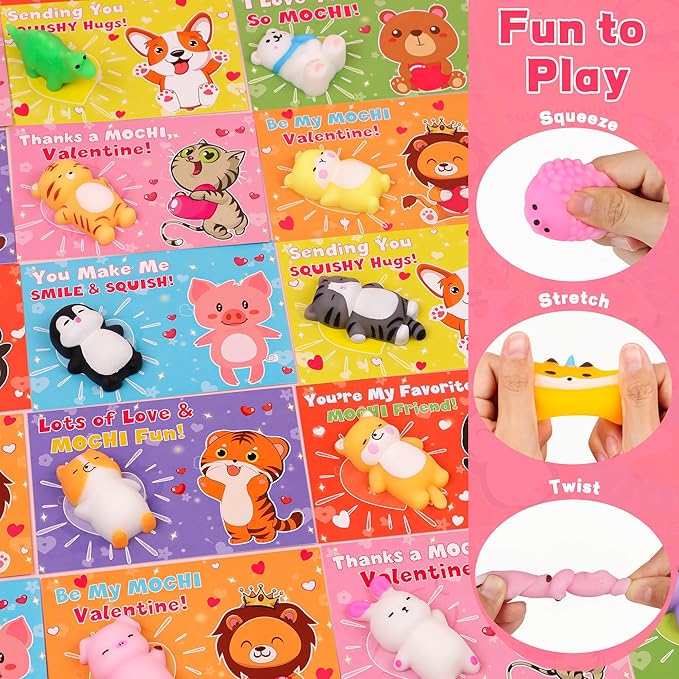 28 Pack Valentines Day Gifts for Kids Classroom Cute Mochi Squishies with Valentines Day Cards for Kids School, Valentines for Kids Class Exchange Cards Gifts Prizes Party Favors for Boys Girls