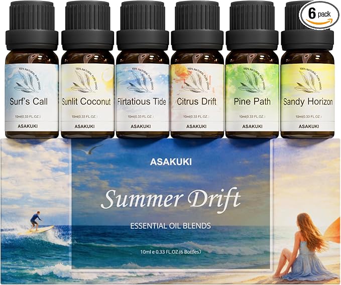 Summer Essential Oils Set for Diffuser, ASAKUKI Tropical Home Fragrance Oils for Women, Beach-Inspired Aromatherapy Diffuser Oils for Bedroom, Bathroom & Living Room