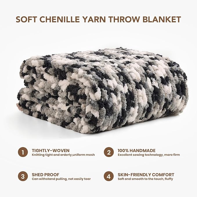 L'AGRATY Chunky Knit Throw Blanket for Couch, 60 x 80 Inches, Black White | Handmade Chenille Crochet Blanket for Sofa Bed, Thick Cable Knitted Blankets for Room Home Decor, Birthday Gift for Women Mom