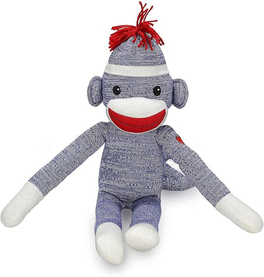 Plushland Adorable Blue Sock Monkey, The Original Traditional Hand Knitted Stuffed Animal Toy Gift-for Kids, Babies, Teens, Girls & Boys Baby Doll Present Puppet 20"