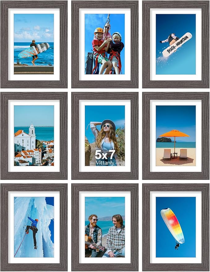 Vittanly 5x7 Picture Frames Set of 9 for Wall & Tabletop Display, Dark Grey | Display Pictures 4x6 with Mat or 5x7 without Mat, Small Photo Frames, Engineered Wood with Shatter Resistant Plexiglass