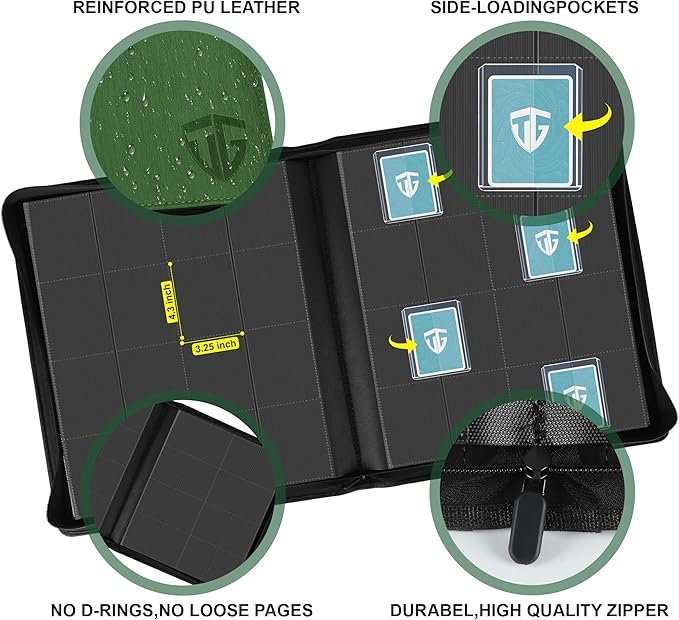 16 Pocket Toploader Binder,Holds 640 3”x4” Toploader Hard Cases,Sleeves Card Collection Binder,20 Double Sided Pages,Compatible with Trading & Sports Holder(Dark Green)