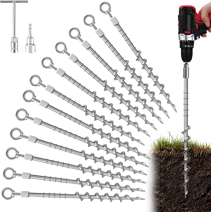 12 Pcs Screw in Tent Stakes Heavy Duty, 12" & 14" (6+6) Mixed Rustproof Aluminum Ground Anchors for Camping, Trampoline, with 8mm Drill Adapter & Hooks, Durable Metal Stakes for Sand