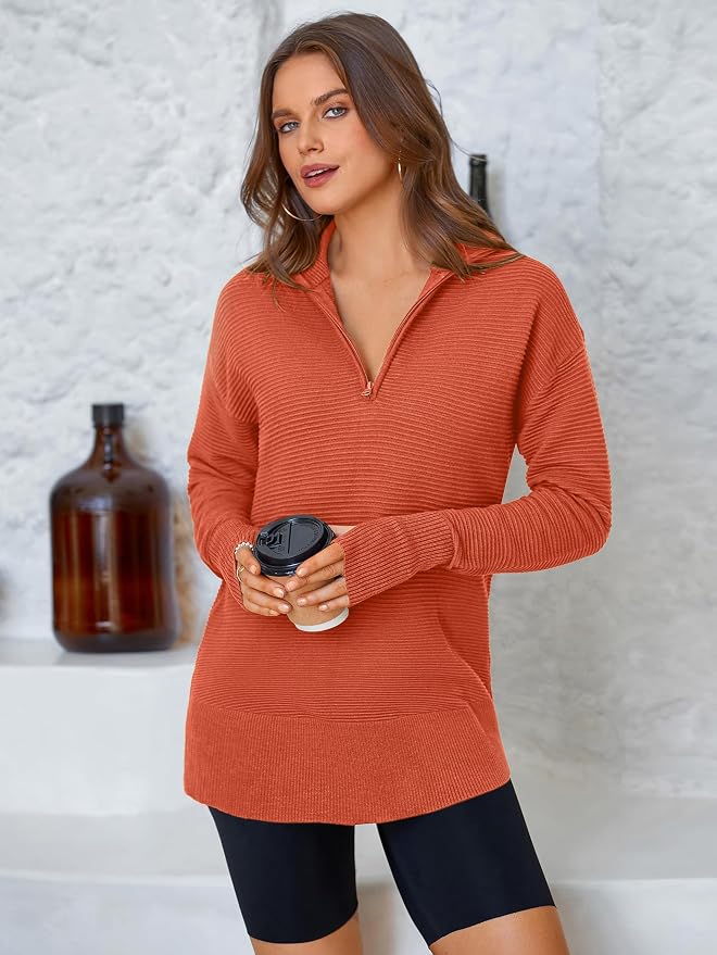 PRETTYGARDEN Womens Long Sleeve Quarter Zip Pullover Sweater Casual Loose V Neck Collared Ribbed Knit Jumper Tops Thumb Hole