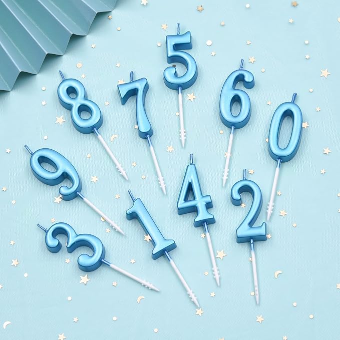 PHD CAKE 10-Pieces Blue Numeral Birthday Candles, Cake Numeral Candles Number 0-9 Glitter Cake Topper Decoration for Birthday,Wedding Anniversary,Party Celebration