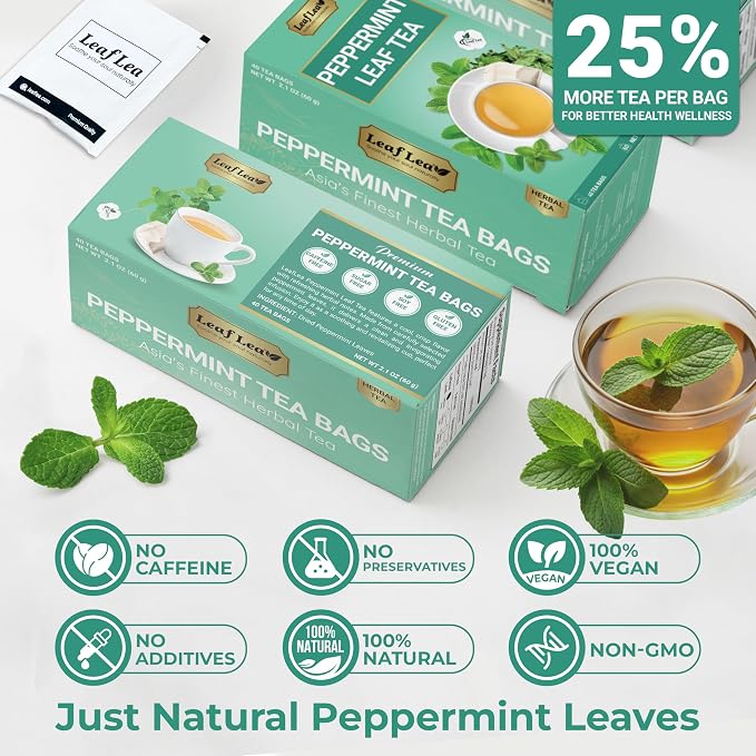 LeafLea Peppermint Tea Bags, Pure Peppermint Leaf Tea, 80 Count, 2-Pack | Real Mint Tea Bags With Smooth, Cooling Flavor, Caffeine-Free, Vegan, Individually Foil-Wrapped, Great To Share