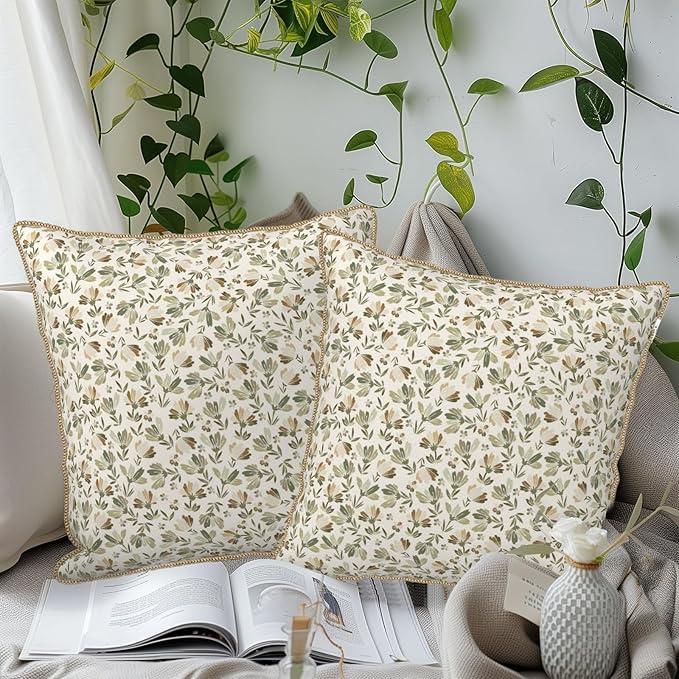 KSLIDS Sage Green Beige Floral Soft Velvet Throw Pillow Covers Set of 2 Vintage Brown Flower Decorative Pillow Covers 18x18 Inch Rustic Pillow Case for Sofa Couch Bedroom Farmhouse Home Decor