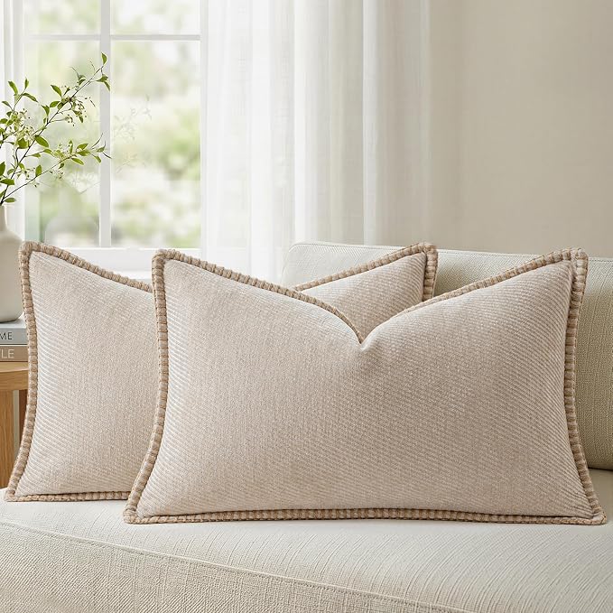 a moment Pack of 2 Decorative Chenille Throw Pillow Covers with Twill Cushion Covers for Sofa Living Room Couch Bed 20x12 Inch,Crafted Border Beige