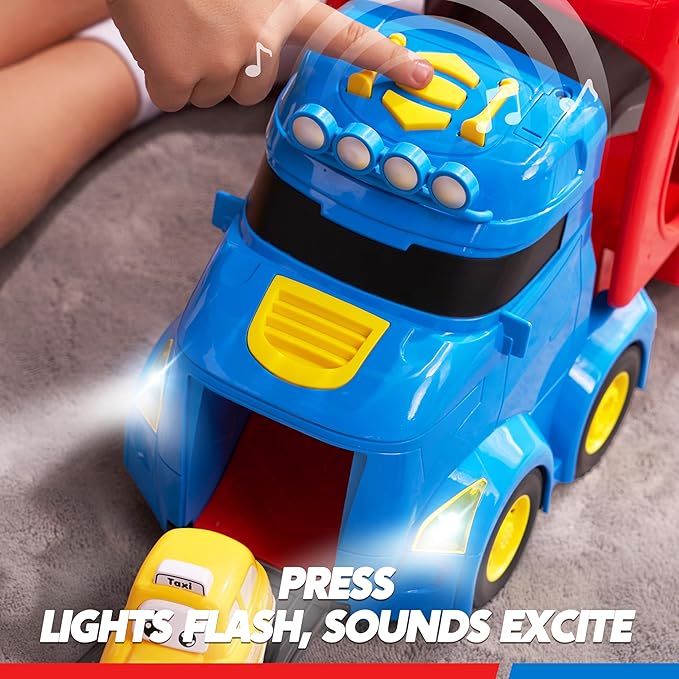 Vroomix Extra Large Toy Trucks for Toddlers, 3-Layer City Trucks for Kids, 7-in-1 Big Transport Carrier Truck with Siren & Lights and 6 Toy Cars, Christmas Birthday Gifts for Boys Girls