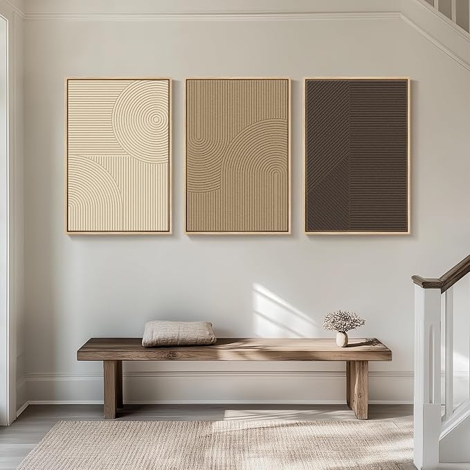 Large 3D Textured Framed Neutral Abstract Wall Art Set, 3 Piece 24x36 In | Solid wood frames, sculptural line texture, beige brown tan tones, ready to hang, wall decor for living room bedroom office
