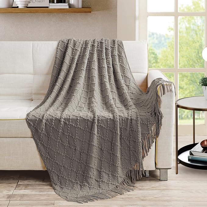BOURINA Dark Grey Throw Blanket 50 x70 Inch Jacquard Throw Knitted Blanket | Jacquard Argyle Throw Textured Solid Soft Throws and Blankets for Sofa or Bed Knitted Decorative Blanket