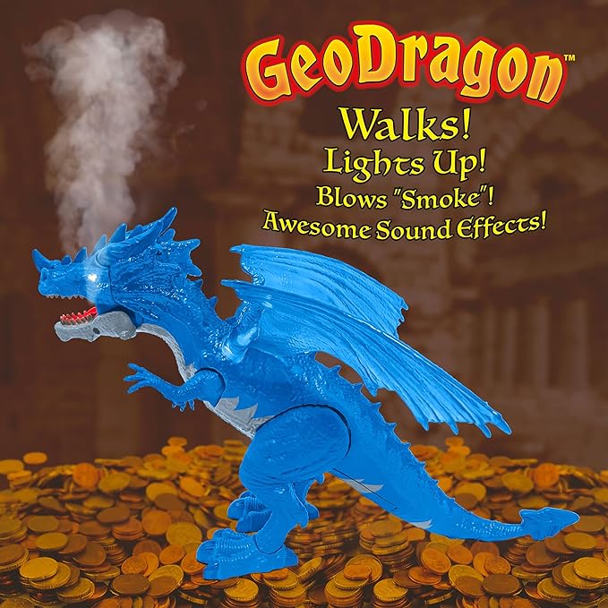 Geospace New Dragon Walking Dinosaur Toy – Smoke Breathing Fire Dragon Toy for Kids 3 & up, Walking Dinosaur Toys with Lights, Roaring Sound, Dragons Action Figure, Dragons for Gift (Icestorm)