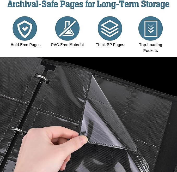 Trading Card Binder, 3-Ring Zippered for Standard 2.5"x3.5" TCG and Sports Cards, 9-Pocket Double-Sided Pages, 50 Sheets/900 Pockets, Acid-Free PVC-Free, PU Cover, Wrist Strap - Lake Art Design