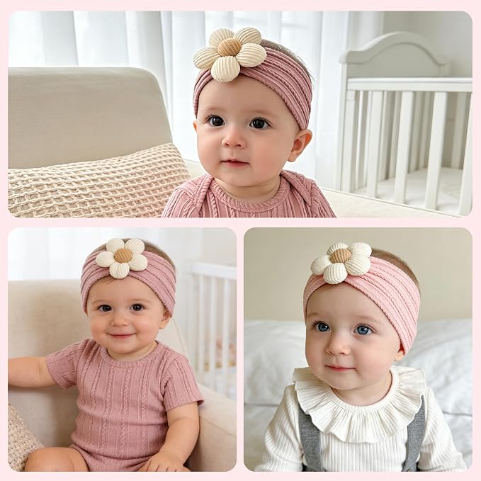CÉLLOT Baby Flower Headbands Baby Girls Nylon Headbands Baby Essentials Stretchy Hairbands Handmade Hair Accessories for Newborn Infant Toddlers Kids (Pink,Khaki Gray,Dusty Pink)