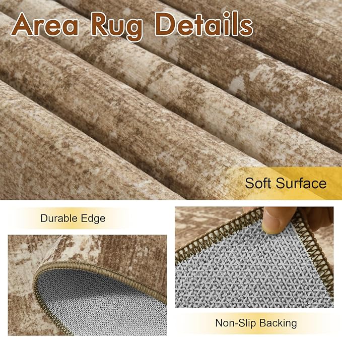 2x6 Ft Washable Runner Rug, Non-Slip Low Pile Hallway Kitchen Area Rug, Soft Long Entryway Floor Mat Abstract Pattern Carpet for Bedside & High-Traffic Areas (Brown)