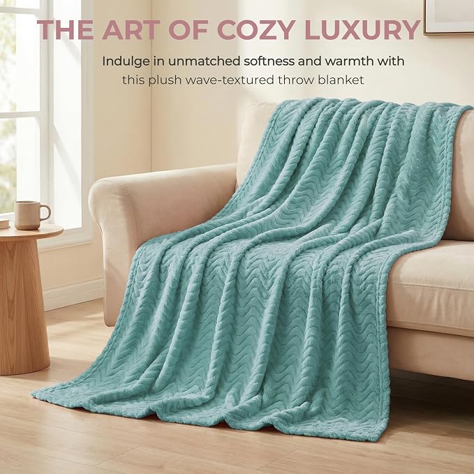 Exclusivo Mezcla Large Fleece Throw Blanket for Couch, Sofa, Celadon | 50"x70" Soft Breathable Lightweight Flannel Throws for Summer, Plush Cozy Jacquard Wave Blanket for Home Decor