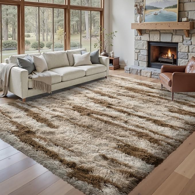 9x12 Ft Large Shag Plush Rugs for Living Room,Ultra Soft Fluffy Furry Area Rugs Non-Slip Carpet for Bedroom,Nursery,Kids Room,Dorm,Aesthetic Home Decor (Khaki)