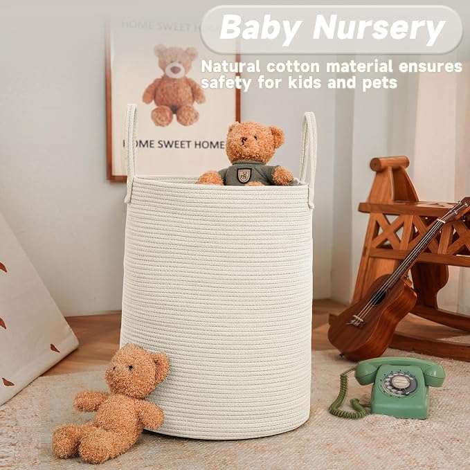 JMvicyroam 80L Cotton Rope Laundry Basket Hamper, White | Collapsible laundry basket, reinforced handles, freestanding, machine washable, holds 3-5 thick blankets, clothes or toys