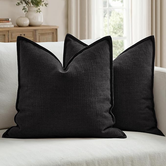 MIULEE Thick Textured Euro Sham Throw Pillow Covers 26x26 Inch Black | Set of 2, Decorative Linen Blend Pillow Cover, Flange Edge Design, Farmhouse Modern Boho Style, Bed Couch Living Room Decor