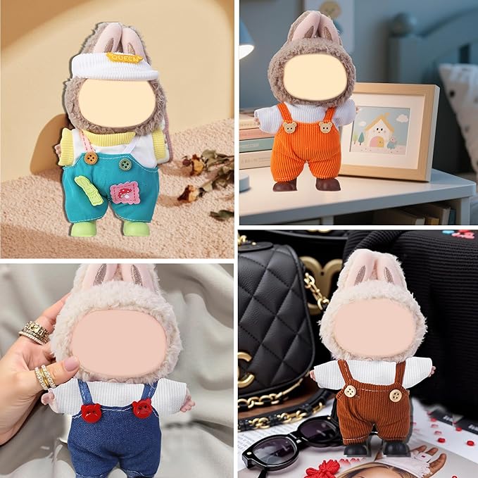 Doll Clothes for Labubu,Cute Outfit for 17cm Doll Clothe 2/3PCS Clothes and Hats Stylish Dolls Clothe for 17 cm Labubu,Casual Style Costumes for Labubu Dolls (Four-Color Overalls Set 4)