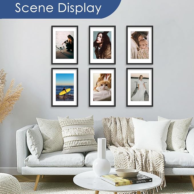 11x15 Picture Frame Set of 6, Wall Mount Display, Black | Display Pictures 8x12 with Mat or 11x15 without Mat,Horizontal or Vertical,Gallery Wall Frame Set,Wedding Birthday Gifts