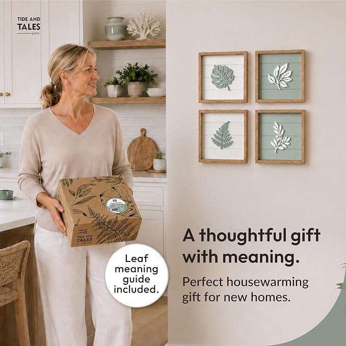 Tide and Tales Leaves of Meaning 3D Sage Green Wall Art (Set of 4) Framed Boho Wall Art for Living Room, Bedroom & Bathroom, House Warming Gifts for New Home, Botanical Farmhouse Home Decor 10"x10"