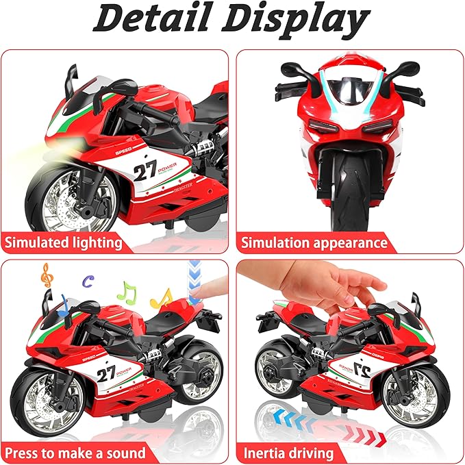 Motorcycle Toy for Metal Die-cast, Toy Motorcycle with Lights, Sounds & Automatic Drive for Boys & Girls Aged 3-12（Red）