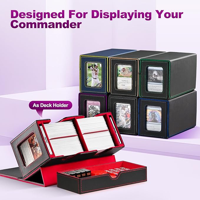 UAONO Card Deck Box for MTG, Double Card Storage Box with 2 Commander Display & 1 Dice Tray, Fits 200+ Double Sleeved Cards, Organizer for CCG TCG Sports Cards (Black Purple)
