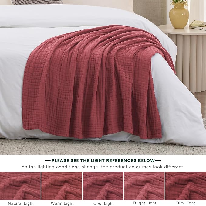 Love's cabin 100% Cotton Muslin Blanket, 6 Layer Lightweight Breathable Gauze Large Throw Blanket 50 x 70 Inches, Soft Cooling All Season Blanket for Couch or Sofa, Wine Red